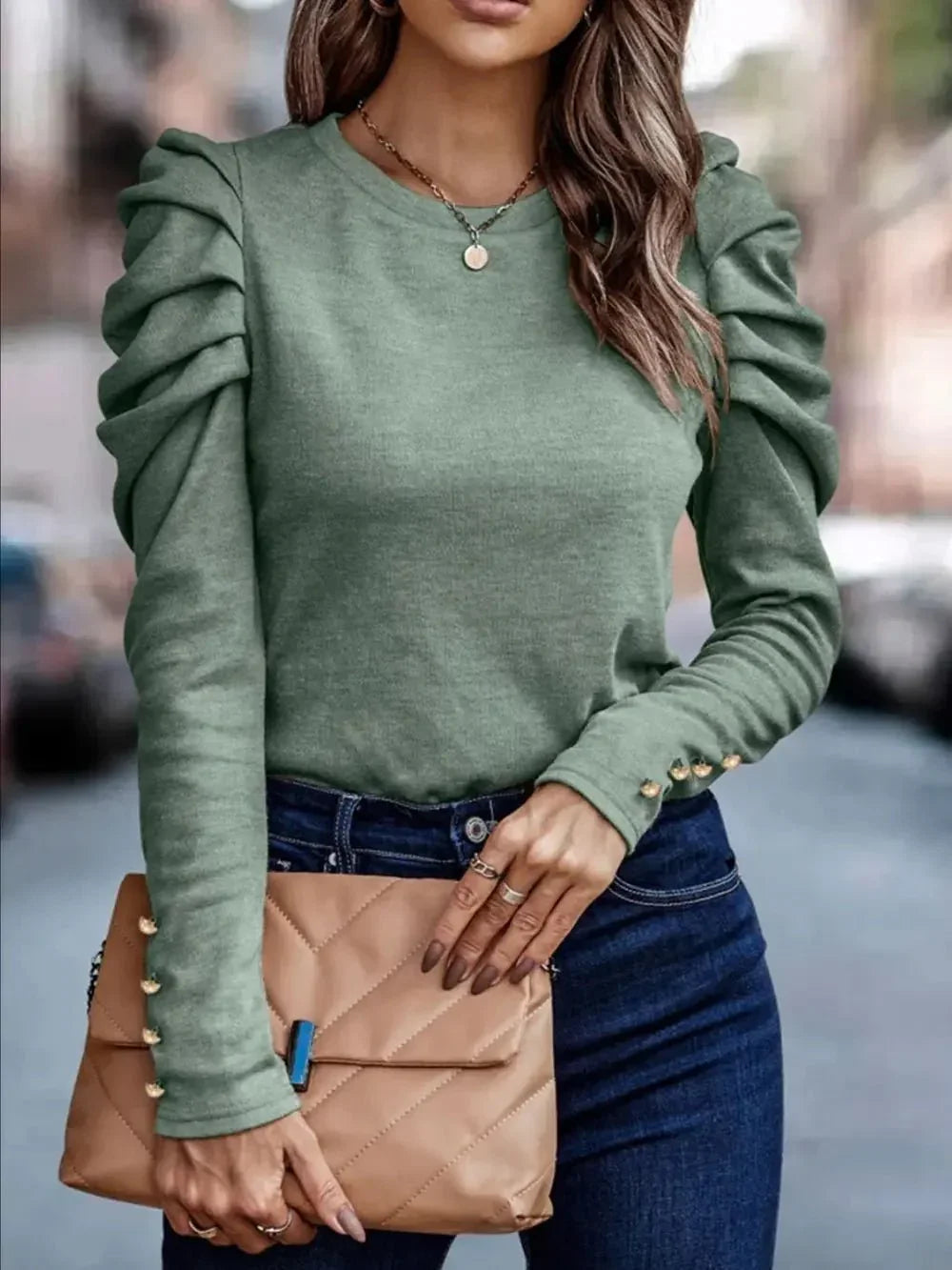Round Neck Puff Sleeve Sleeve Blouse - VILLA FASHION